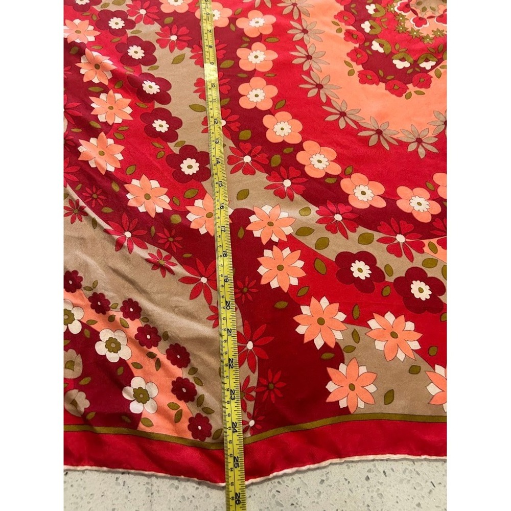 Vibrant Vintage Floral Silk Scarf Red Pink Tan Square Neck Scarf Accessory Mod - Picture 11 of 13